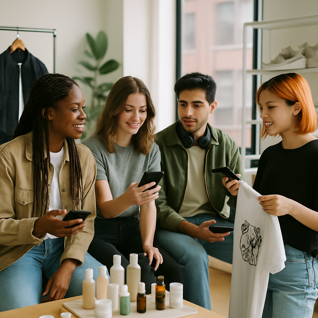 Flat lay of skincare and streetwear items with coupons